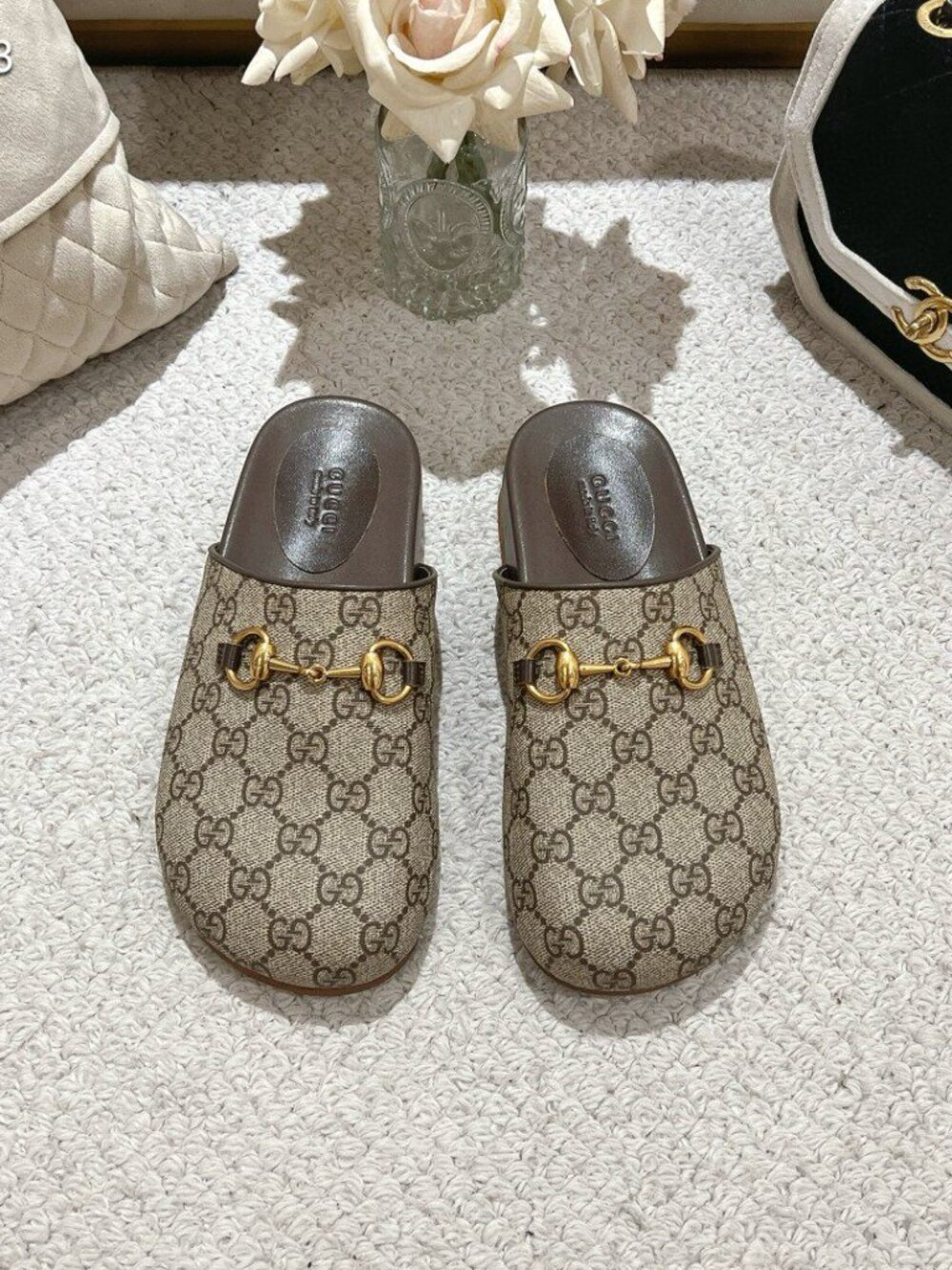 Gucci Beige and Brown Monogram Mule
